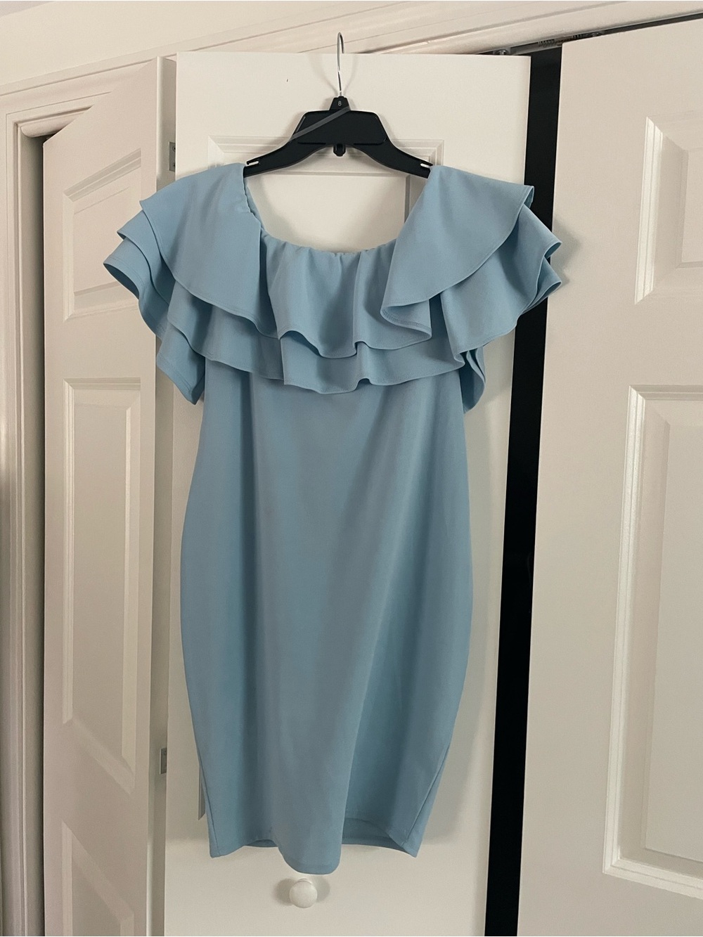 Light Blue Ruffle-Off-Shoulder Maternity Dress